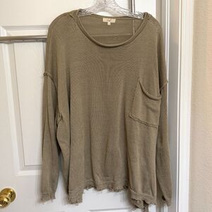 Easel Los Angeles Round Neck Raw Hem Sweater w/ Chest Pocket - Mocha